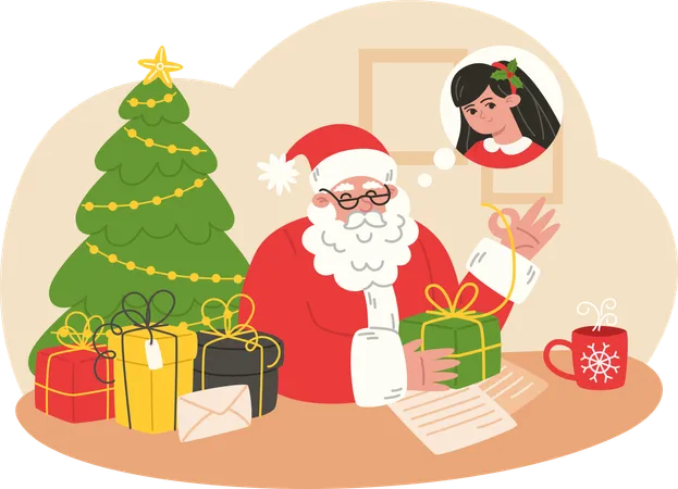 Papá Noel envolviendo regalos para niños  Ilustración