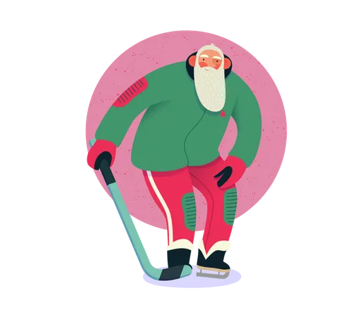 Papá Noel jugando hockey sobre hielo  Ilustración