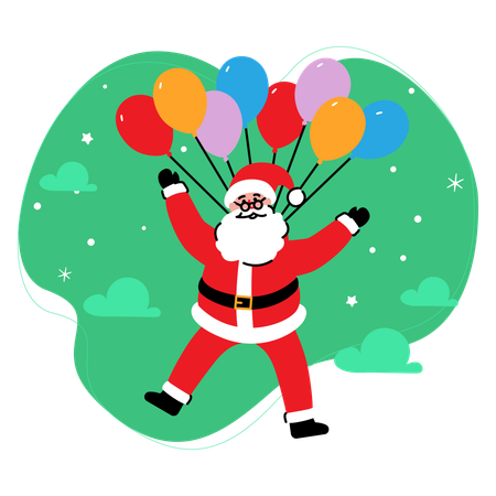 Papá Noel levantado por globos  Ilustración