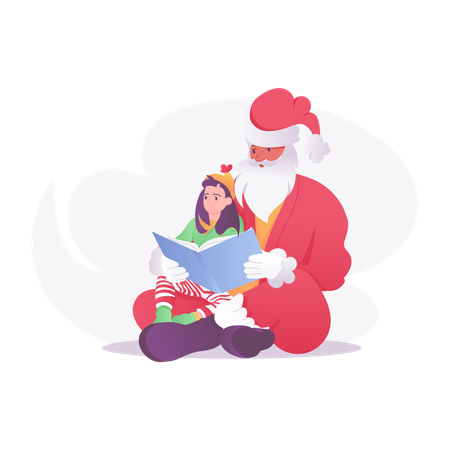 Papá Noel leyendo una novela con una niña  Ilustración