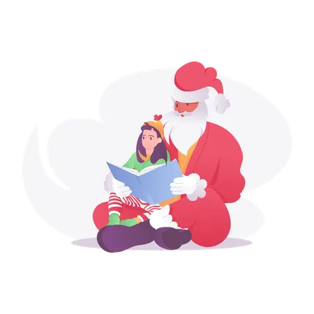 Papá Noel leyendo una novela con una niña  Ilustración