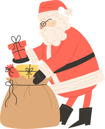 Papá Noel metiendo regalos en una bolsa para Navidad  Ilustración