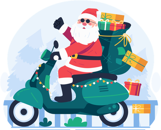 Papá Noel montando una scooter  Ilustración