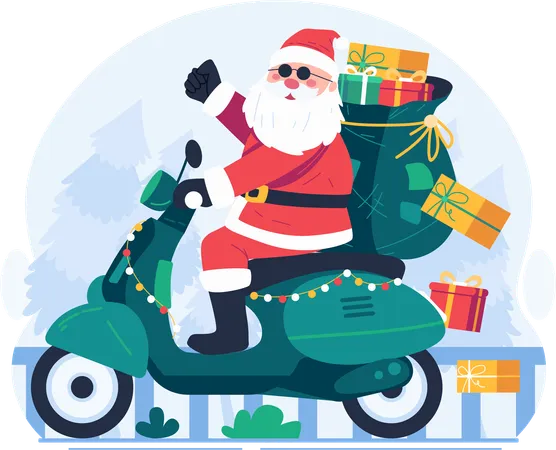 Papá Noel montando una scooter  Ilustración