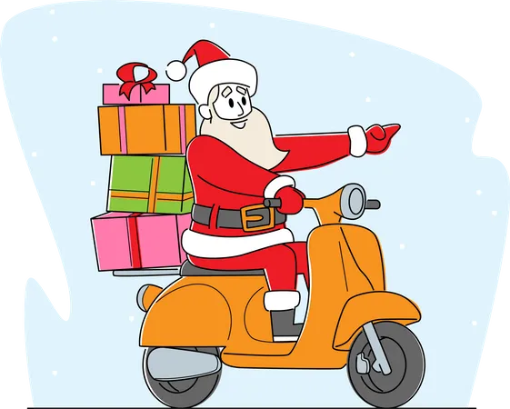 Papá Noel montando scooter con regalos  Ilustración