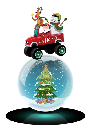 Papá Noel, muñeco de nieve y renos conducen un camión para entregar regalos de Navidad  Ilustración