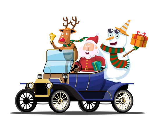 Papá Noel, muñeco de nieve y renos conducen un coche antiguo para entregar regalos de Navidad  Ilustración