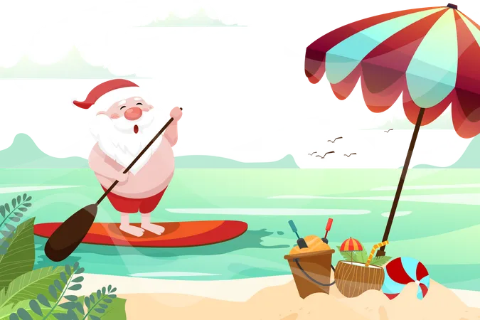 Papá Noel remando en una tabla de surf  Ilustración