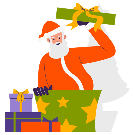 Papá Noel preparándose para la caja de regalo sorpresa  Ilustración