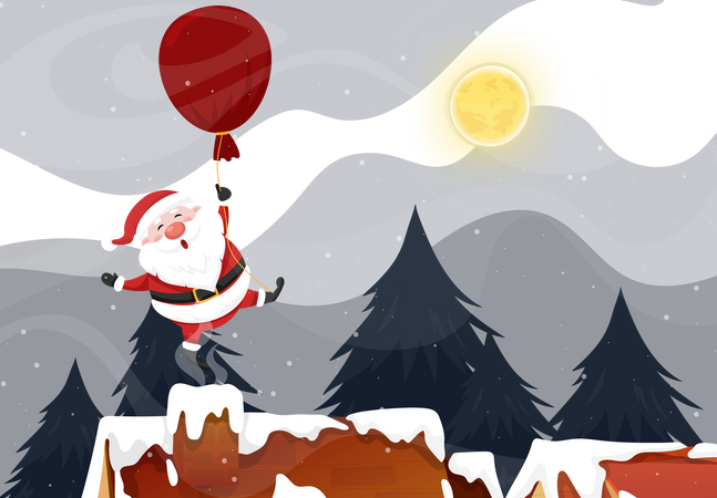 Santa Claus usó un globo sobre el tejado y la chimenea en la noche de Navidad con luna llena y nieve  Ilustración
