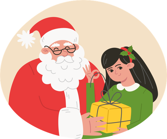 Santa Claus y niño pequeño con presente  Ilustración