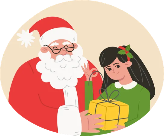 Santa Claus y niño pequeño con presente  Ilustración