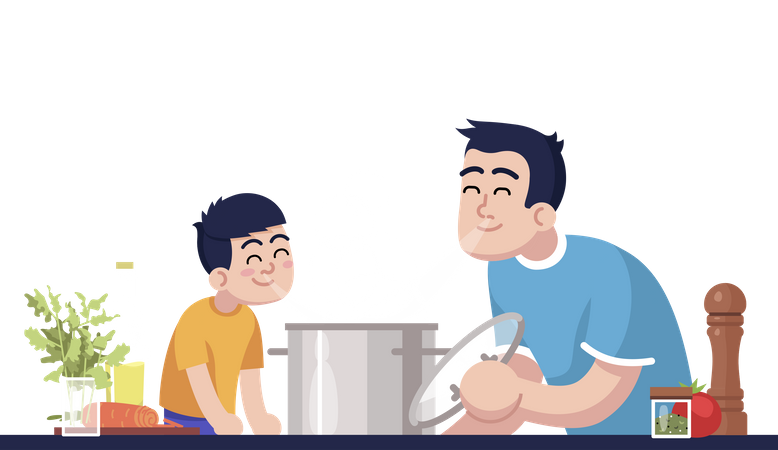 Papai e filho inalando aroma de refeição  Ilustração