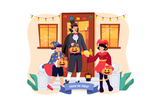 Pai e filhos estão fazendo doces ou travessuras e se divertindo no Halloween  Ilustração