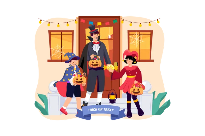Pai e filhos estão fazendo doces ou travessuras e se divertindo no Halloween  Ilustração