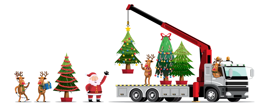 Papai Noel e renas carregando árvores de Natal em caminhão usando guindaste  Ilustração