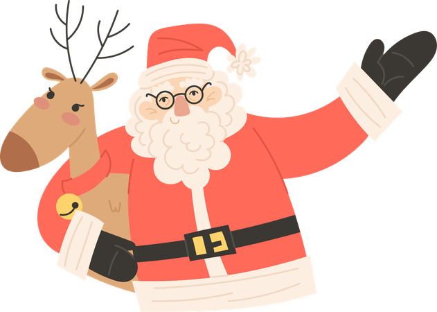 Papai Noel abraçando rena de Natal  Ilustração