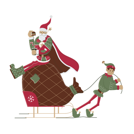 Papai Noel ajuda o duende a carregar o saco de presentes  Ilustração