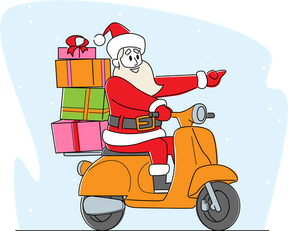 Papai Noel andando de scooter com presentes  Ilustração