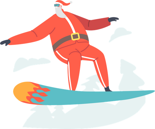 Papai Noel andando de snowboard na montanha  Ilustração