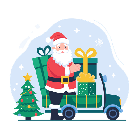 Papai Noel andando de carro com presentes  Ilustração