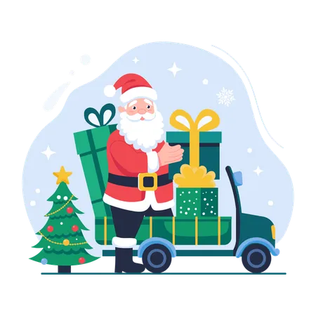 Papai Noel andando de carro com presentes  Ilustração