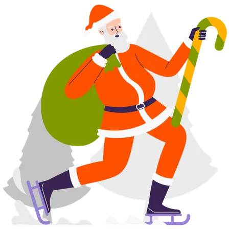 Papai Noel se divertindo com bengala de doce e patinando no gelo  Ilustração