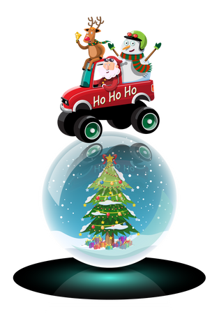 Papai Noel, boneco de neve e renas dirigem um caminhão para entregar presentes de Natal  Ilustração