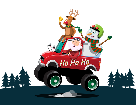 Papai Noel, boneco de neve e renas dirigem um carro para entregar presentes  Ilustração