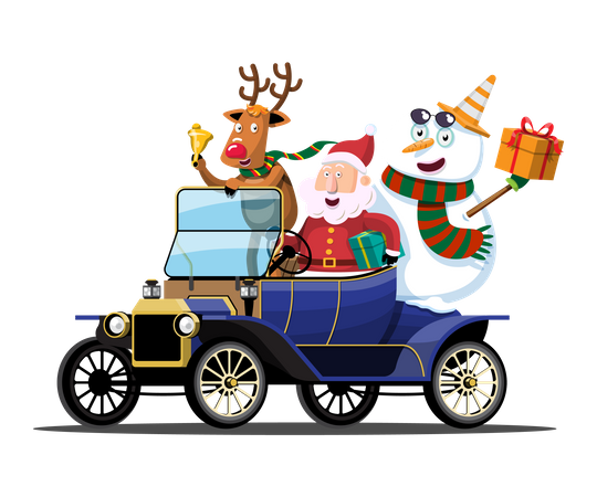 Papai Noel, boneco de neve e renas dirigem um carro antigo para entregar presentes de Natal  Ilustração