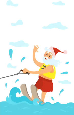 Feliz Natal Papai Noel Andando No Ceu Aquatico Com Chapeu Vermelho Personagem De Ano Novo No Vetor De Ferias De Verao Salpicos De Agua E Velho Modo De Vida Ativo Ilustração