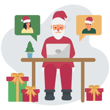 Papai Noel celebrando o Natal online  Ilustração