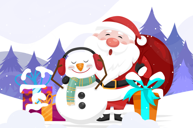 Papai Noel com boneco de neve e giftbox  Ilustração