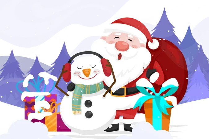 Papai Noel com boneco de neve e giftbox  Ilustração