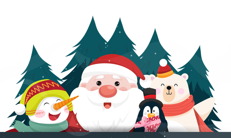 Papai Noel com boneco de neve, urso polar e penquin  Ilustração