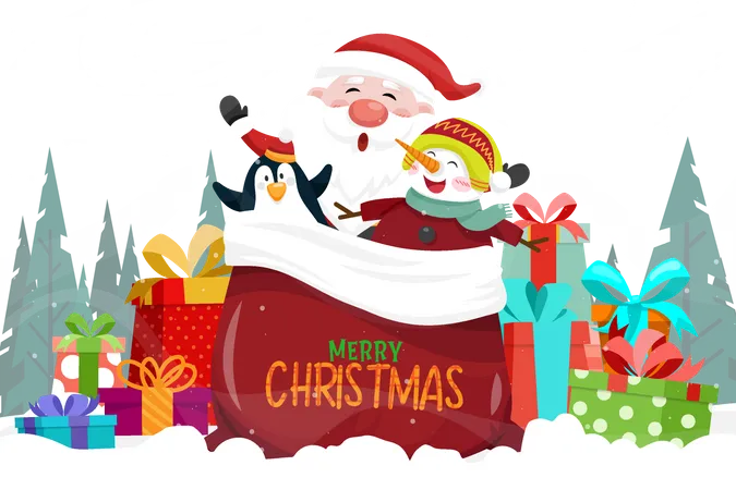 Lindo Cartao De Feliz Natal Com Papai Noel Feliz Com Caixa Predefinida Com Pinheiro No Fundo Ilustracao Vetorial Ilustração