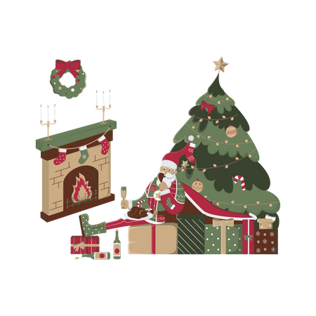 Papai Noel com guloseimas junto à lareira  Ilustração