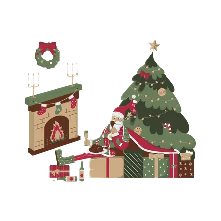 Papai Noel com guloseimas junto à lareira  Ilustração
