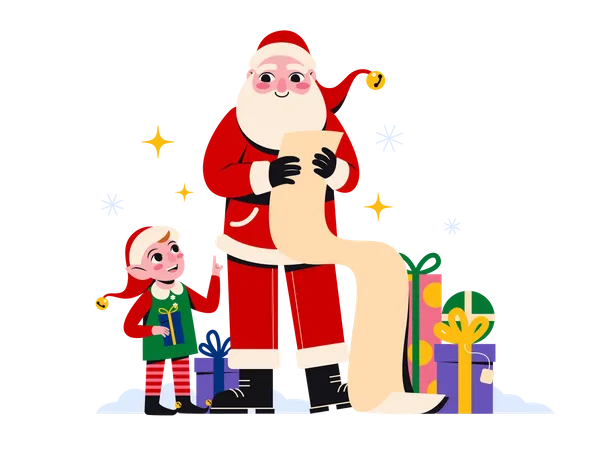 Papai Noel com lista de presentes  Ilustração