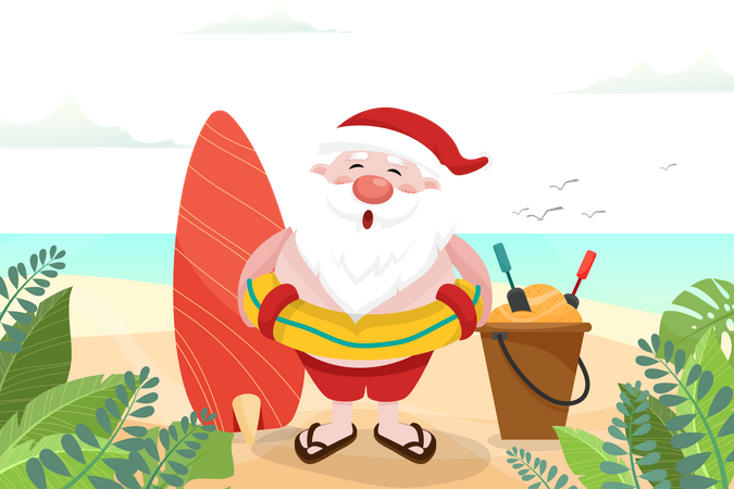 Papai Noel com prancha de surf e anel de natação na praia  Ilustração