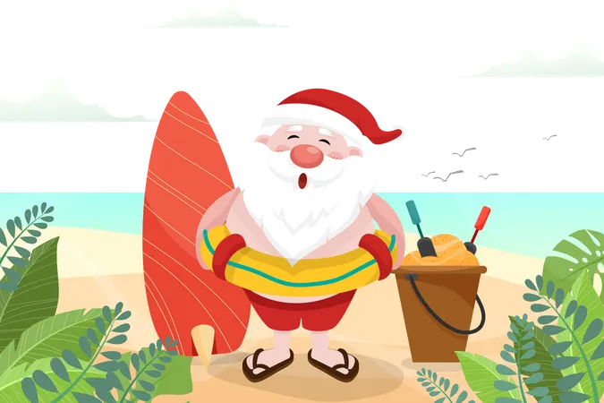 Papai Noel com prancha de surf e anel de natação na praia  Ilustração