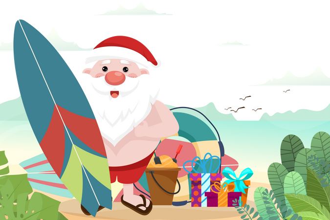 Papai Noel com prancha de surf e presentes  Ilustração