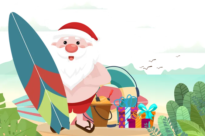 Papai Noel com prancha de surf e presentes  Ilustração