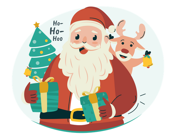 Papai Noel com renas para saudações de Natal  Ilustração