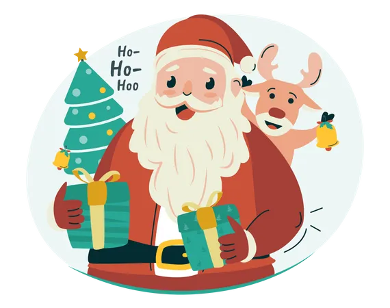 Papai Noel com renas para saudações de Natal  Ilustração