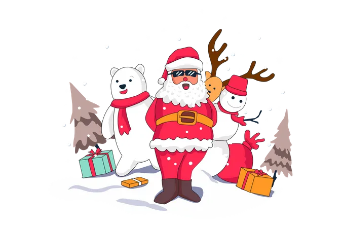 Papai Noel com urso e boneco de neve  Ilustração