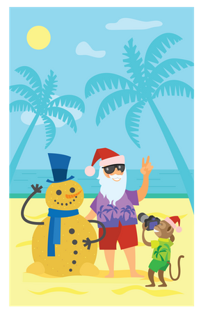 Papai Noel fazendo pose com homem de areia e macaco clicando na imagem  Ilustração