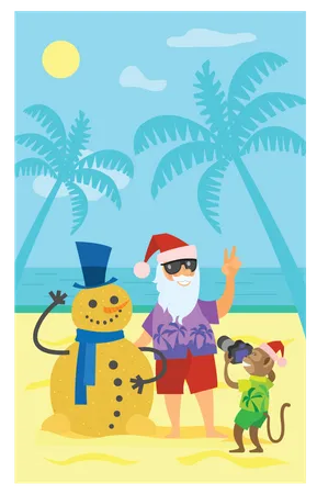 Papai Noel fazendo pose com homem de areia e macaco clicando na imagem  Ilustração