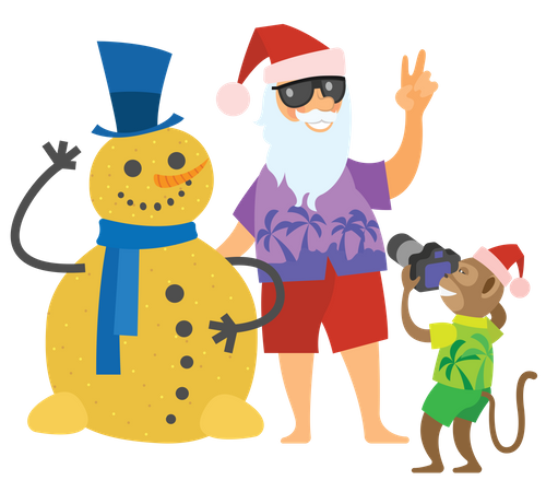 Papai Noel fazendo pose com homem de areia e macaco clicando na imagem  Ilustração