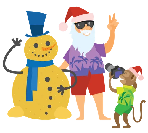 Papai Noel fazendo pose com homem de areia e macaco clicando na imagem  Ilustração